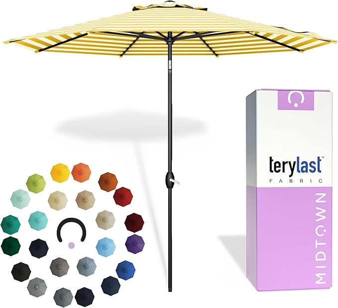 Midtown Umbrellas 10-Year-No-Fade - 9 Ft - UV Proof Yellow/white Stripes Fabric - Umbrella Outdoor Patio, Auto-Tilt Aluminum Frame Patio Umbrella for Garden, Pool & Deck - Black Pole