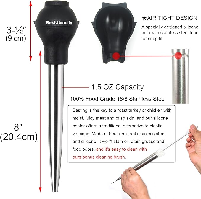 Best Utensils Stainless Steel Turkey Baster Commercial Grade Quality Silicone Bulb Including 2 Marinade Injector Needles And Brush For Easy Clean Up