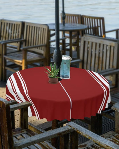 QueenKer Outdoor Tablecloth with Umbrella Hole, Farmhouse Wine Red White Stripe Round Tables Waterproof Tabletop Collection for Patio, Garden, Picnic, Camping, Dining 54R
