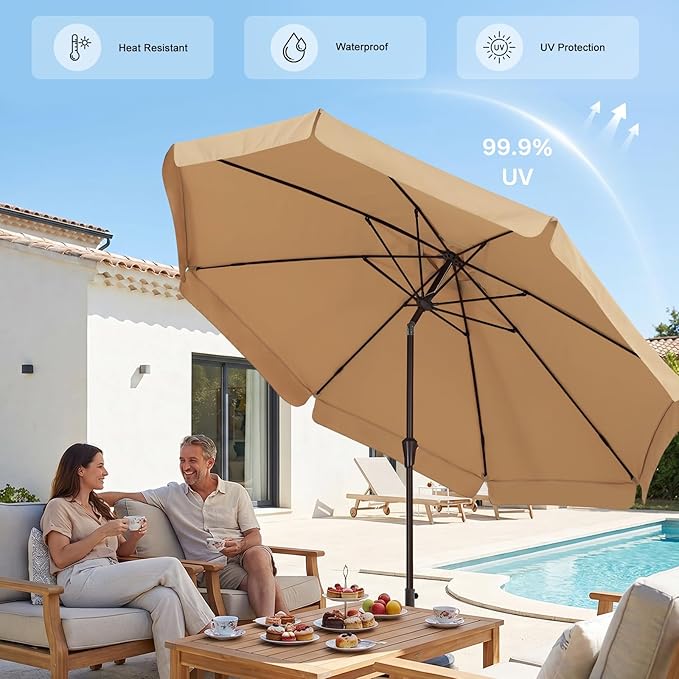 ABCCANOPY 11ft Scalloped Patio Umbrella, Outdoor Table Umbrella with Tilt and Crank, Fiberglass Ribs Deck Umbrella for Patio, Pool, Garden, Picnic (Khaki)