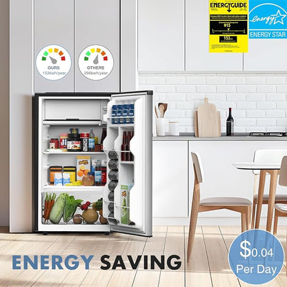 DUMOS 3.2 Cu.Ft Mini Fridge with Freezer, Single Door Refrigerator with Adjustable Thermostat, Compact Small Fridge for Bedroom, Office, Dorm, Silver Single Door