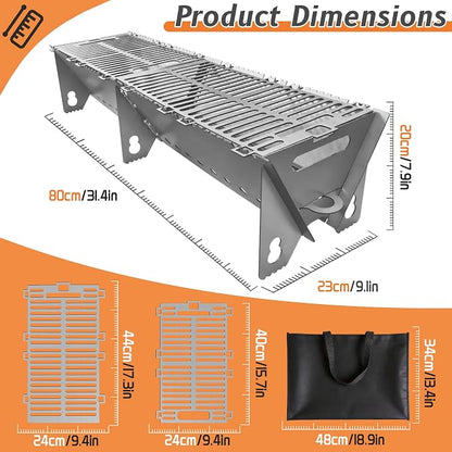 Portable Charcoal BBQ Grill, Extra Long Heavy Duty Camping Safe | 31.4"x9.1"x7.9",2mm Steel Construction for Outdoor Cook, Family BBQ, Picnic，Detachable, Folds to 3cm Flat for Easy Storage