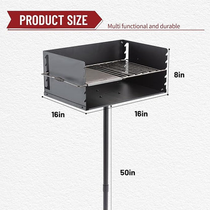 16x16 Inch Park-Style Charcoal Grill, Heavy Duty Steel Outdoor BBQ Park Grill with Stainless Steel Cooking Grate and Post for Backyard or Camping, Black