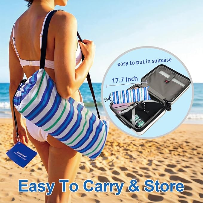 LOTTAFUN 6ft Beach Umbrella - Heavy Duty Wind Resistant UV 50+ Portable Sun Shade with Sand Anchor & Carry Bag, Outdoor Folding Umbrella for Beach, Pool, Patio, Garden (Blue diagonal strip) No Tilt The sand needs to exceed the spiral 6inch