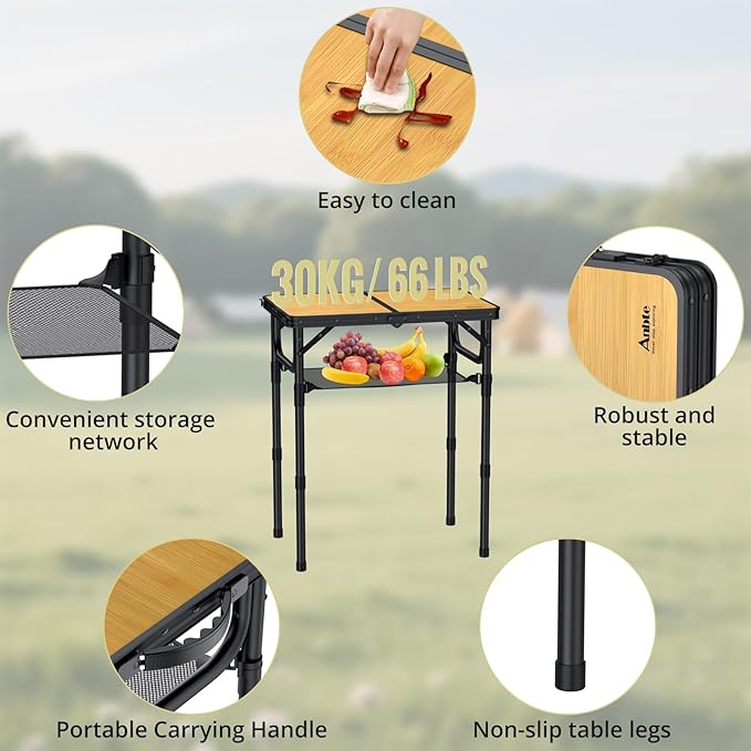 Anbte 2ft Camping Table Foldable, 24" x 16" Small Folding Table Portable | 3 Adjustable Heights Max 27.5", with Storage Net, Aluminum Lightweight, for Travel Beach Camping Picnic BBQ, Light Oak Grain
