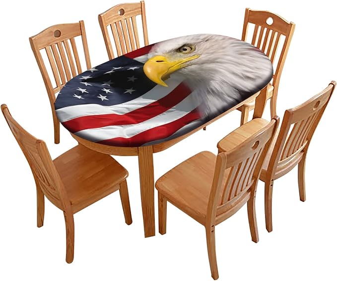 4th of July Oval Fitted Tablecloths, American Bald Eagle on American Flag Elastic Edged Table Covers, Fits Tables up to 54" x 76", Windproof Table Cloths for Indoor Restaurant Outdoor Dining Decor