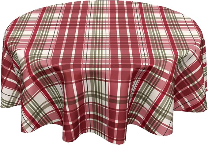 Sweetshow Xmas Checkered Table Cloth Round 70 Inch Polyester Table Cover | Red Green Buffalo Plaid Table Cloth Round Winter Xmas Tablecloth Washable Stain and Wrinkle Table Cover for Dining Picnic