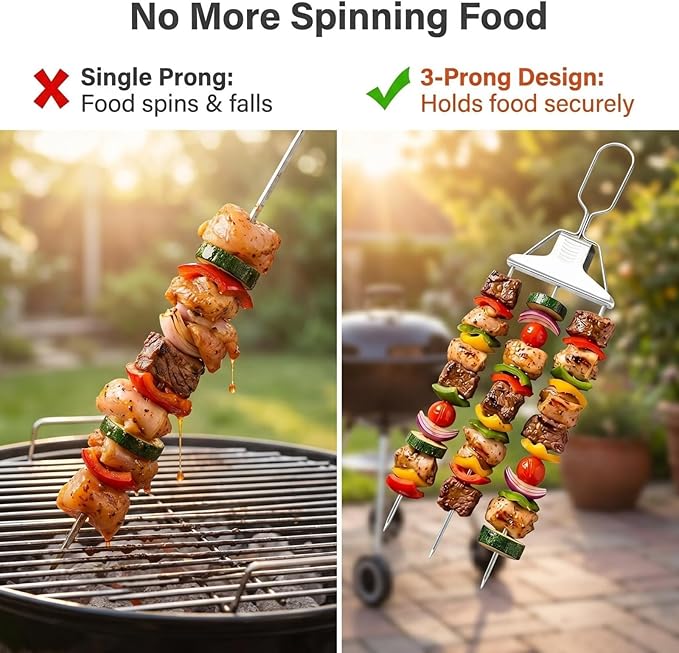 3 Prong Skewers for Grilling, 14.7" Stainless Steel BBQ Kabob Skewers with Push-Off Slider, Reusable Metal Skewer Sticks with Storage Bag & Basting Brush for Meat, Chicken, Veggies, Outdoor Cooking