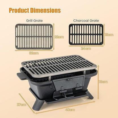 Cast Iron BBQ Grill, Portable Pre-Seasoned Charcoal Grill Stove with Double Sided Grill Grid, Air Control & Coal Door, Indoor Outdoor Hibachi-Charcoal Grill for Camping Picnic Party