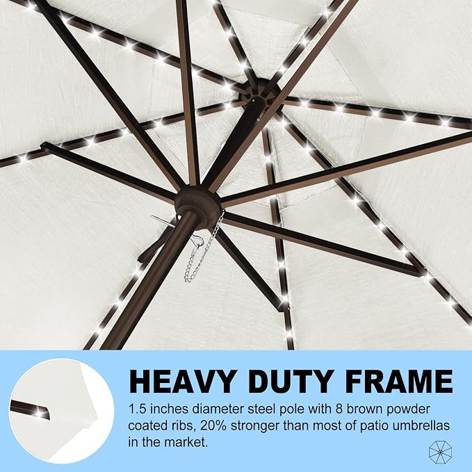 Eurmax USA 10-Year-Non-Fading 10FT Outdoor Patio Market Umbrella with LED Lights,UPF50+ UV Resistant,Heavy Duty Commercial Grade,Crank Lift Design,Windproof Vented Top for Garden,Pool,Deck,Natural