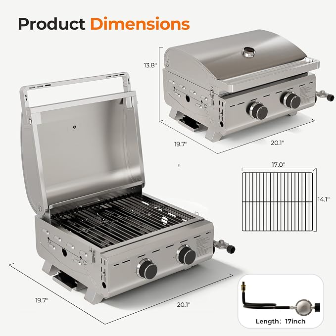 Electactic 20,000 BTUs Portable Tabletop Gas Grill, 2-Burner Propane Grill with 251 Sq.in Cooking Area, Stainless Steel BBQ Grill with Foldable Legs, Easy Assemble & Clean for Outoor