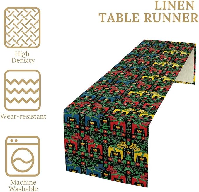 Swedish Dala Horse Folk Table Runner Scandinavian Gift Sweden Decoration Rustic for Garden Farmhouse Wedding Party Holiday Dinner Home 13x36 Inch