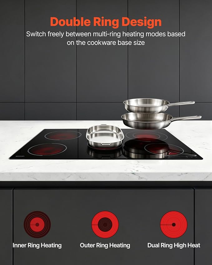 VEVOR Electric Cooktop 30inch 5 Burners Stove Top 8900W 220V No Plug, Ceramic Built-in Radiant Electric Stove, with 9 Power Levels, Timer, Child Lock, Over-Heat Guard, Touch Control