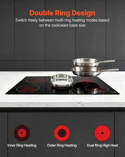 VEVOR Electric Cooktop 30inch 5 Burners Stove Top 8900W 220V No Plug, Ceramic Built-in Radiant Electric Stove, with 9 Power Levels, Timer, Child Lock, Over-Heat Guard, Touch Control
