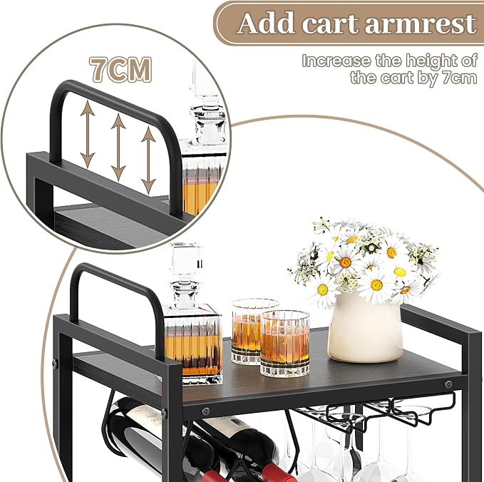 Bar Cart for The Home, 3 Tier Kitchen Carts with Wheels, Small Rolling Cart with Glass Holders, Wine Rack, Mini Bar Cart for Kitchen, Dining Room, Living Room, 13.0" D x 17.0" W x 33.8" H, Black