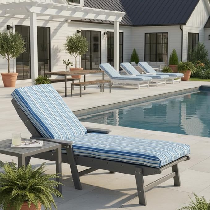Modern Outdoor Chaise Lounge Cushion with Ties – Durable Polyester Fabric, Channel-Filled Polyfiber Insert, Removable Zippered Cover, Sapphire Stripe