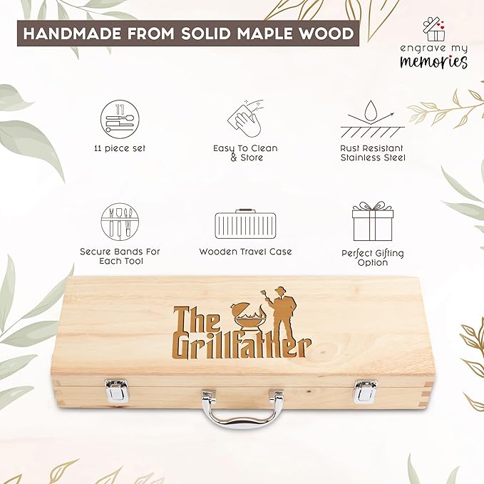 11-Piece BBQ Grill Tool Set with Engraved Maple Wood Gift Box with Stainless Steel Barbecue Accessories with Wooden Handles – The Grillfather Grilling Kit for Dad, Men, Husband