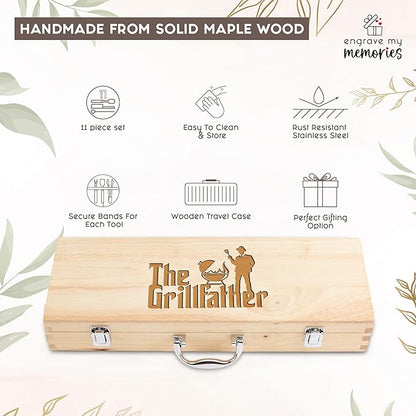 11-Piece BBQ Grill Tool Set with Engraved Maple Wood Gift Box with Stainless Steel Barbecue Accessories with Wooden Handles – The Grillfather Grilling Kit for Dad, Men, Husband