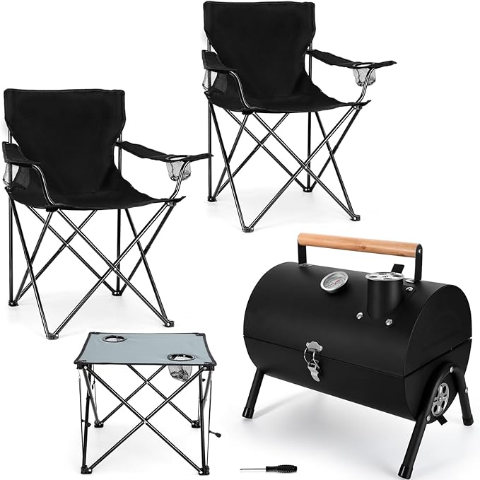 Portable Charcoal Grill & 2 Pack Camping Chairs for Adults, Leonyo Tabletop Charcoal Grill for Outdoor, Heavy Duty Folding Chairs for Outside Fishing, Beach, Patio, Hiking