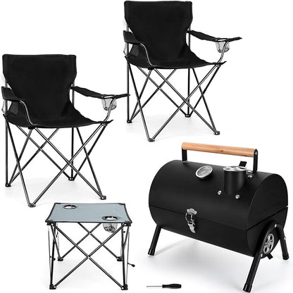 Portable Charcoal Grill & 2 Pack Camping Chairs for Adults, Leonyo Tabletop Charcoal Grill for Outdoor, Heavy Duty Folding Chairs for Outside Fishing, Beach, Patio, Hiking
