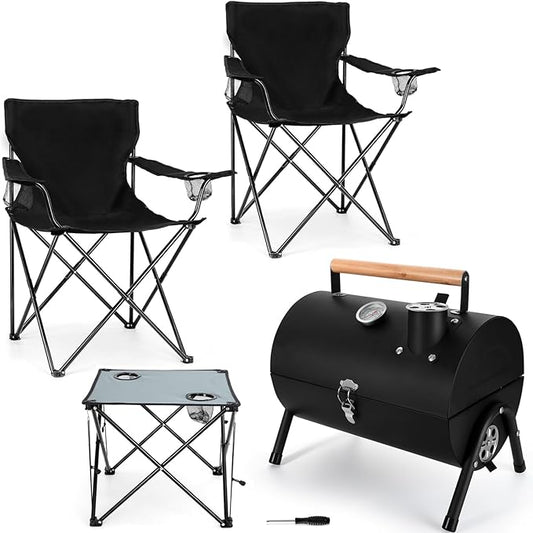 Portable Charcoal Grill & 2 Pack Camping Chairs for Adults, Leonyo Tabletop Charcoal Grill for Outdoor, Heavy Duty Folding Chairs for Outside Fishing, Beach, Patio, Hiking