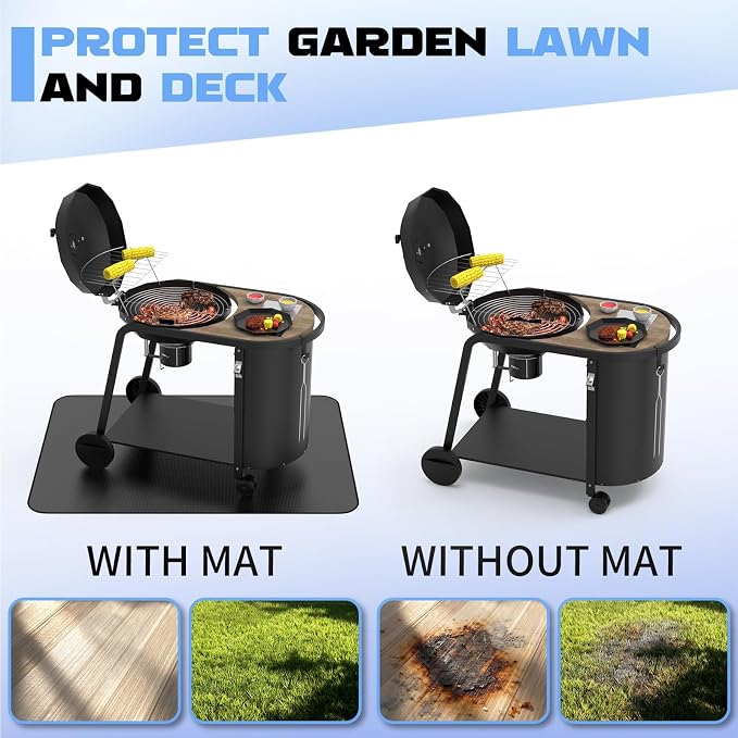 65 x 48 Grill Mat for Outdoor Grill, 20 mil Fire Resistant BBQ Pad | 20 mil fiberglass under grill mat with silicone fire coating; helps protect decks and patios from grease, sparks & BBQ mess.