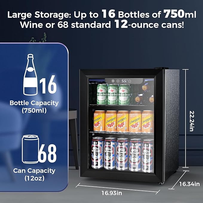 Electactic 1.7 Cu.ft Beverage Refrigerator Cooler, 68 Can Mini Fridge Glass Door with Adjustable Shelves, Digital Temperature Display, Freestanding Small Drink Fridge for Home, Office or Bar(Black)