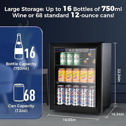 Electactic 1.7 Cu.ft Beverage Refrigerator Cooler, 68 Can Mini Fridge Glass Door with Adjustable Shelves, Digital Temperature Display, Freestanding Small Drink Fridge for Home, Office or Bar(Black)