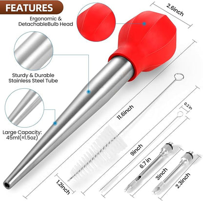 SCHVUBENR Large Turkey Baster with Cleaning Brush & Needle - Stainless Steel Baster Tool for Cooking - Easy to Use and Clean - Heavy Duty Baster Syringe - Thanksgiving, Christmas Essentials - Red