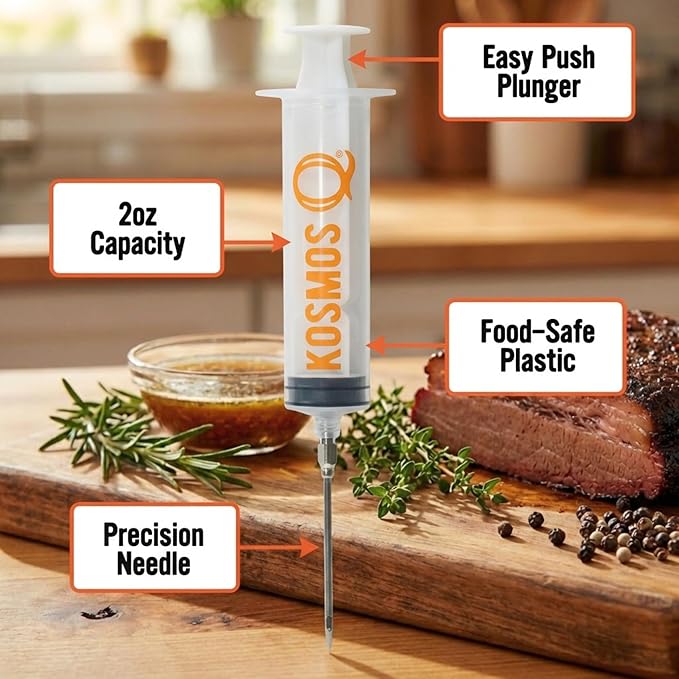 Kosmos Q Meat Marinade Injector, Easy Grip Syringe With Stainless Steel Needle For Flavoring Brisket, Chicken, Turkey, Pork, Roast & Ribs, Ideal For Grilling, Smoking, Roasting & Outdoor Cooking, 2 Oz