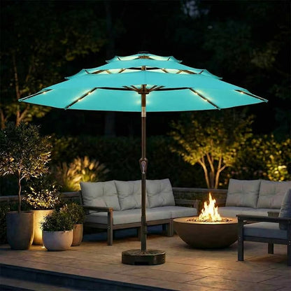 10ft 3-Tier Patio Umbrella with 32 Solar Powered LED Lights, Windproof Outdoor Market Umbrella for Deck, Poolside & Garden, Sturdy Push-Button Tilt Table Umbrella, Aqua Blue