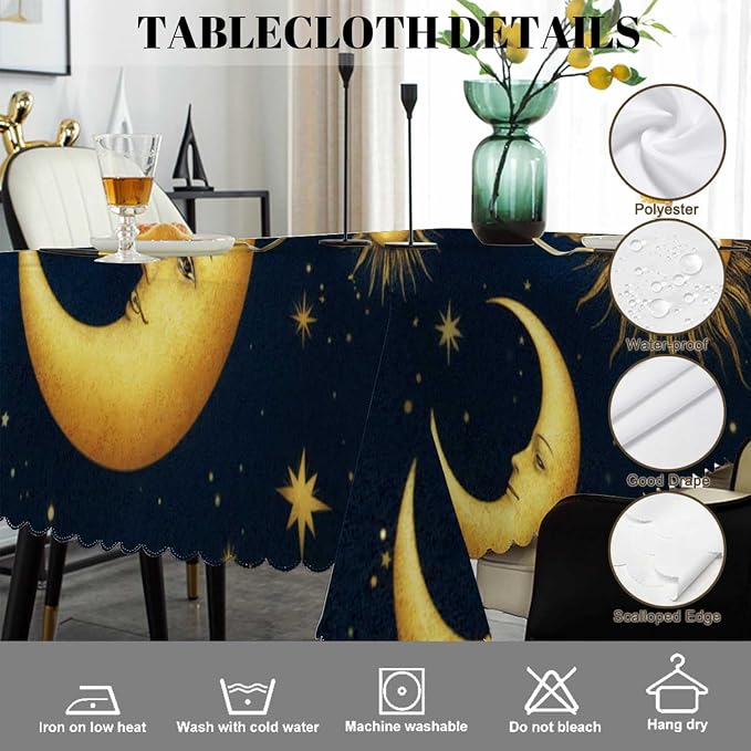 Swono Sun and Moon Table Cloth Gold Galaxy Sun Moon Rectangle Tablecloth Picnic Table Cover BBQ Table Cloths Polyester for Kitchen 50x72 Inch