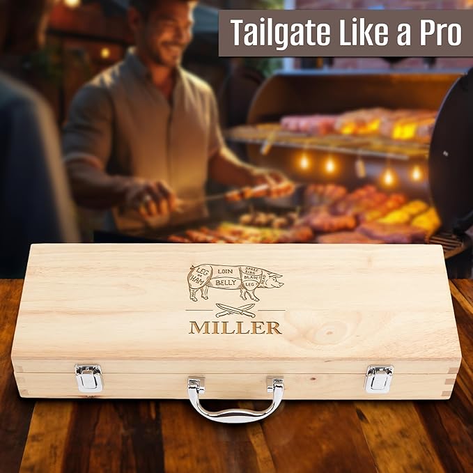 Personalized 11 Pcs Tailgating BBQ Grill Accessories Set Premium Stainless Steel Grilling Tools for Outdoor Cooking, Camping, Mancave, Backyard, Gifts for Men, Smoker Gift Ideas