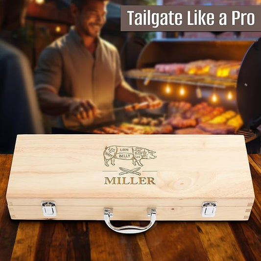Personalized 11 Pcs Tailgating BBQ Grill Accessories Set Premium Stainless Steel Grilling Tools for Outdoor Cooking, Camping, Mancave, Backyard, Gifts for Men, Smoker Gift Ideas