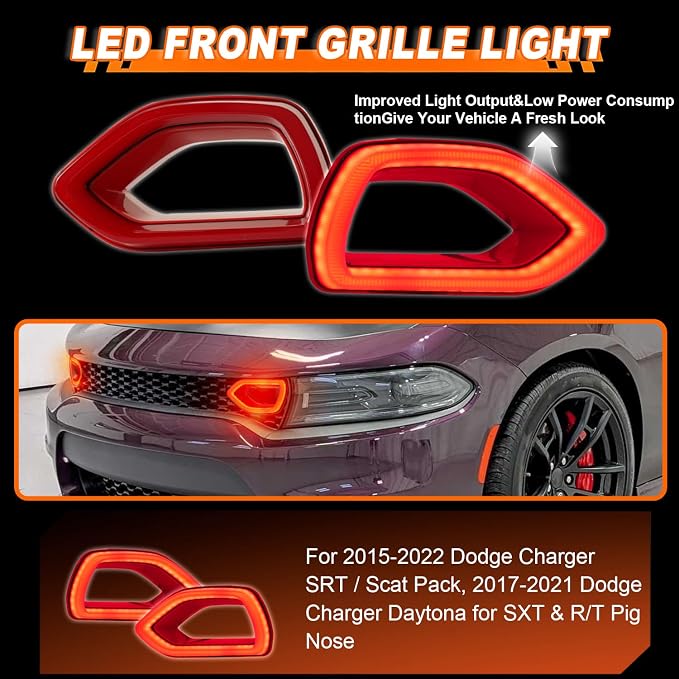 Front Bumper LED Grille Lights for 2015-2022 Dodge Charger SRT/Scat Pack Pig Nose Switchback Grille Lamps Fog with Red LED Daytime Running Light DRL & Turn Signal (Red Lens)