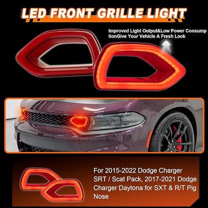 Front Bumper LED Grille Lights for 2015-2022 Dodge Charger SRT/Scat Pack Pig Nose Switchback Grille Lamps Fog with Red LED Daytime Running Light DRL & Turn Signal (Red Lens)
