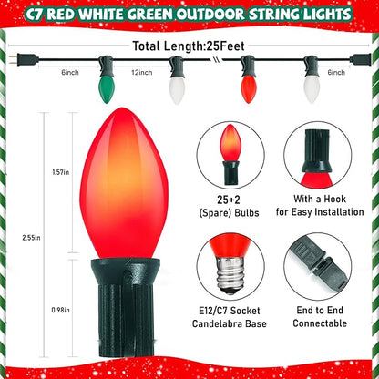 GOOTHY C7 Christmas String Lights, 25Ft Outdoor Decorations with 27 LED Red White and Green Shatterproof Bulbs, Hanging Patio Lights for Tree Backyard Holiday Party Decor