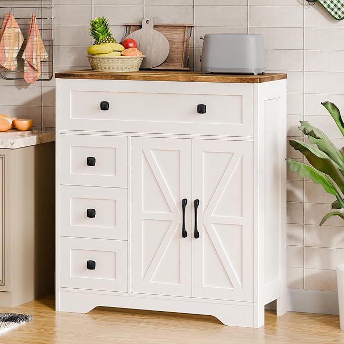 Vabches Farmhouse Storage Cabinet with 2 Doors and 4 Drawers, Freestanding Bathroom Storage Cabinet Kitchen Pantry, Floor Hutch Cupboard for Living Room/Bathroom/Kitchen.(Antique White