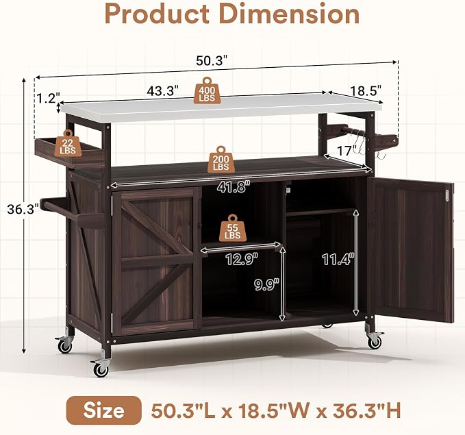 Zevemomo Outdoor Grill Cart with Storage, Lockable Casters, Brown | Stainless Steel Tabletop Outdoor Kitchen Island, Fir Wood Outdoor Buffet Cabinet for Kitchen & Barbecue