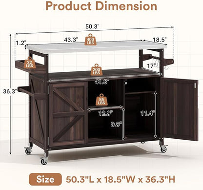 Zevemomo Outdoor Grill Cart with Storage, Lockable Casters, Brown | Stainless Steel Tabletop Outdoor Kitchen Island, Fir Wood Outdoor Buffet Cabinet for Kitchen & Barbecue