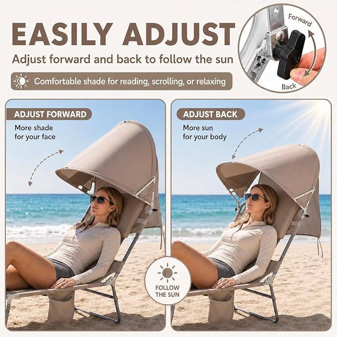 Backpack Beach Tanning Lounge Chair with Canopy Shade Face Hole Padded Adjustable Washable, 6 Position Layout Chair for Outside Sunbathing Poolside Lawn, UPF 50+ Wind-Resistant Sun Shade, Patented