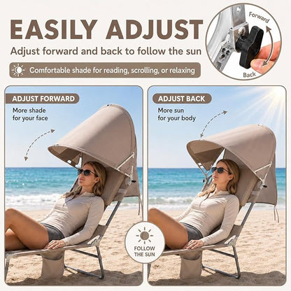 Backpack Beach Tanning Lounge Chair with Canopy Shade Face Hole Padded Adjustable Washable, 6 Position Layout Chair for Outside Sunbathing Poolside Lawn, UPF 50+ Wind-Resistant Sun Shade, Patented