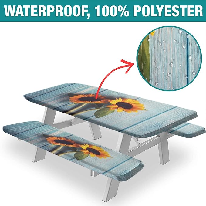 Blue Wood Grain Fitted Picnic Table Cover with Bench Covers, Spring Sunflower Flowers Print Elastic Edge Fitted Table Cover, 3 Pieces Set, 72x28 Inch, Great for Picnic Party Outdoor Patio Use