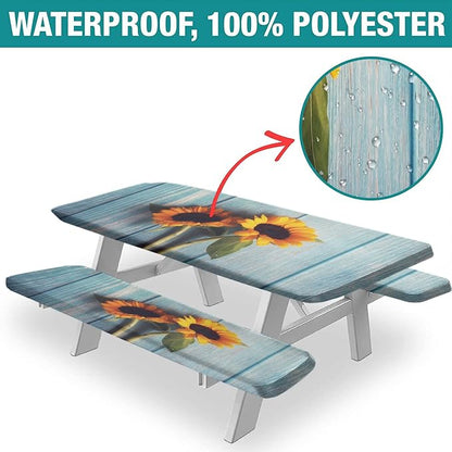 Blue Wood Grain Fitted Picnic Table Cover with Bench Covers, Spring Sunflower Flowers Print Elastic Edge Fitted Table Cover, 3 Pieces Set, 72x28 Inch, Great for Picnic Party Outdoor Patio Use