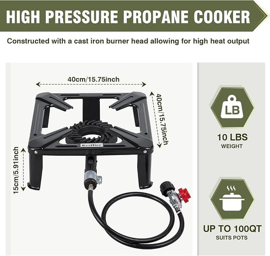 Bestfire High Pressure Propane Burner, 260,000 BTU Single Propane Stove | with 0-20 PSI Adjustable Hose & Regulator, 16" Square Steel Cooktop for Camping, Turkey Frying