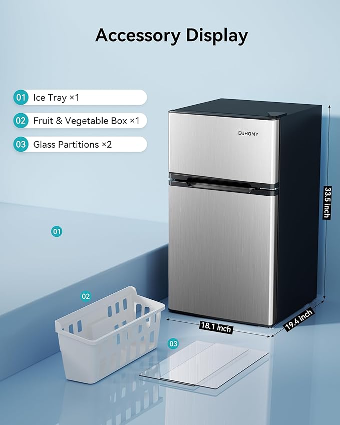 EUHOMY 3.2 Cu.Ft. Refrigerator with Freezer, 2 Door Fridge, Adjustable Thermostat，Large Capacity, Refrigerator for Kitchen/Dorm/Office/Apartment - Food Storage or Cooling drinks, Silver