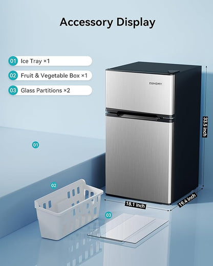 EUHOMY 3.2 Cu.Ft. Refrigerator with Freezer, 2 Door Fridge, Adjustable Thermostat，Large Capacity, Refrigerator for Kitchen/Dorm/Office/Apartment - Food Storage or Cooling drinks, Silver