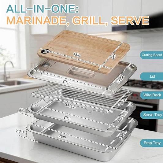 Gisafai 20 x 14 Inch Large Grilling Prep and Serve Trays 5-in-1, Stainless Steel Food Prep Tray Set Grill Carry System Marinade Container with Lid Cooling Rack Gifts for Outdoor BBQ Accessories
