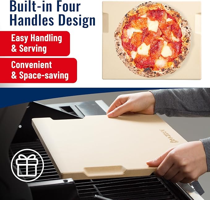 Large Pizza Stone, 16"x14" Rectangular Pizza Stone for Oven Grill BBQ, Baking Stone for Pizza Bread, Unique Built-in 4 Handles Cooking Stone