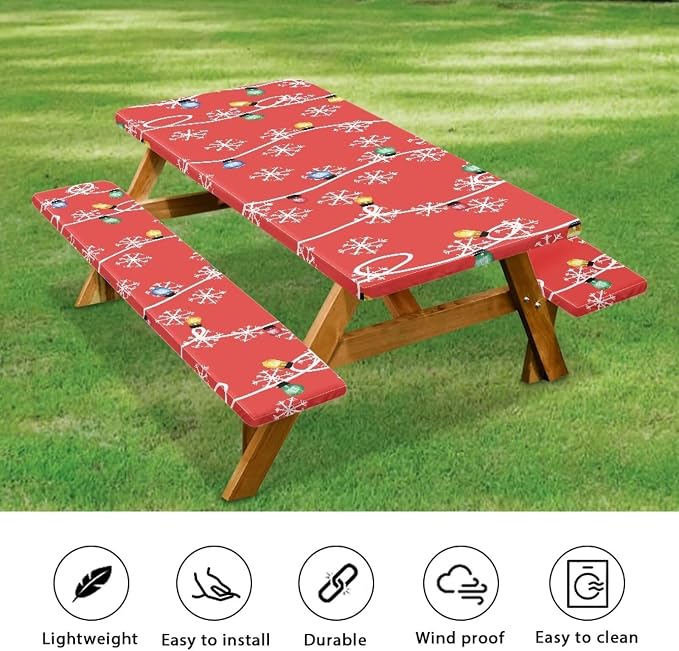 Christmas Colored Lights Snowflake Picnic Table Cover with Bench Covers 3 PCS for Outdoor Camping Rectangle Table Cloth for Picnic Camping Outdoor